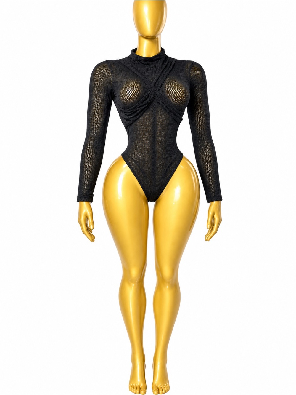Naked Wardrobe Black Sheer Long-Sleeve Crisscross Bodysuit
